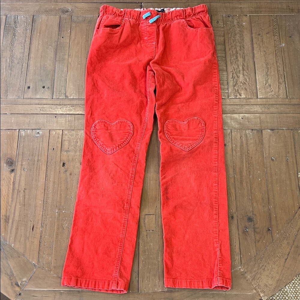 Mini Boden Orange corduroy pants girls 12 years heart patch knees straight leg